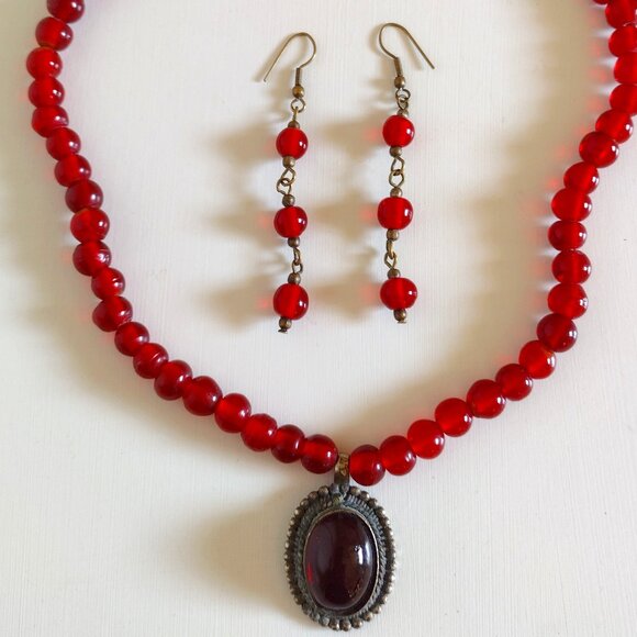 Vintage Red Glass Bead Necklace and Earring Set, Glass Bead Neck piece - Picture 1 of 4